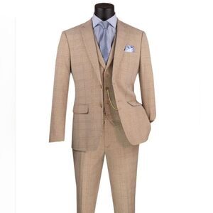 MEN'S VINCI 3 PIECE SLIM FIT SUIT BEIGE GLEN PLAID SV2W6.